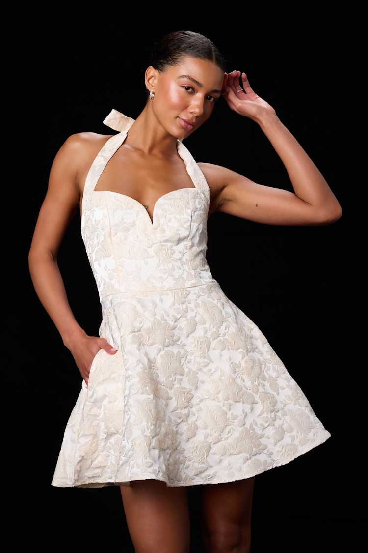 Lulus | Ivory Floral Jacquard Halter Mini Dress | Womens | Small (Available in XS, M, L) | 100% Polyester