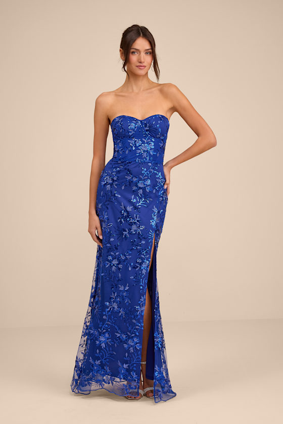 Confident Sensation Cobalt Sequin Strapless Bustier Maxi Dress 1