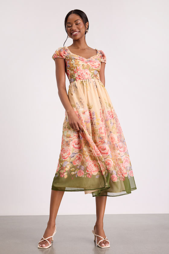 Image of Celosia Peach Multi Floral Cap Sleeve Midi Dress