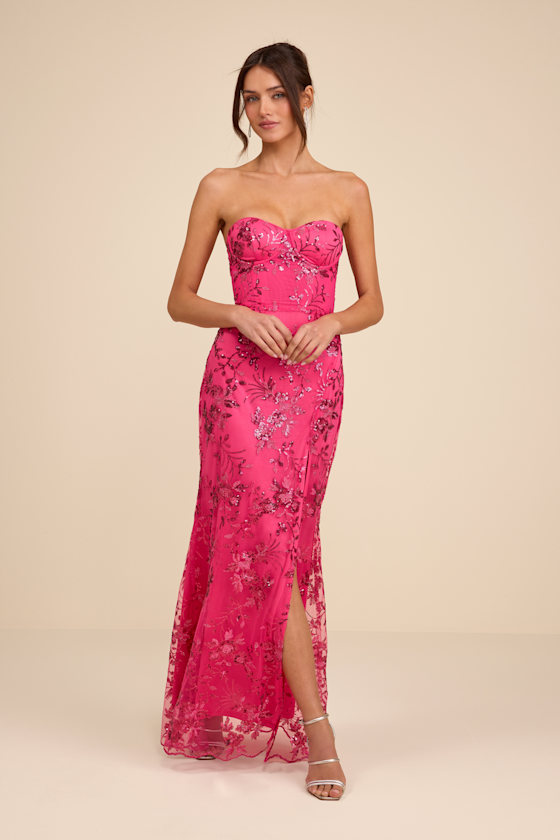 Confident Sensation Hot Pink Sequin Strapless Bustier Maxi Dress 1