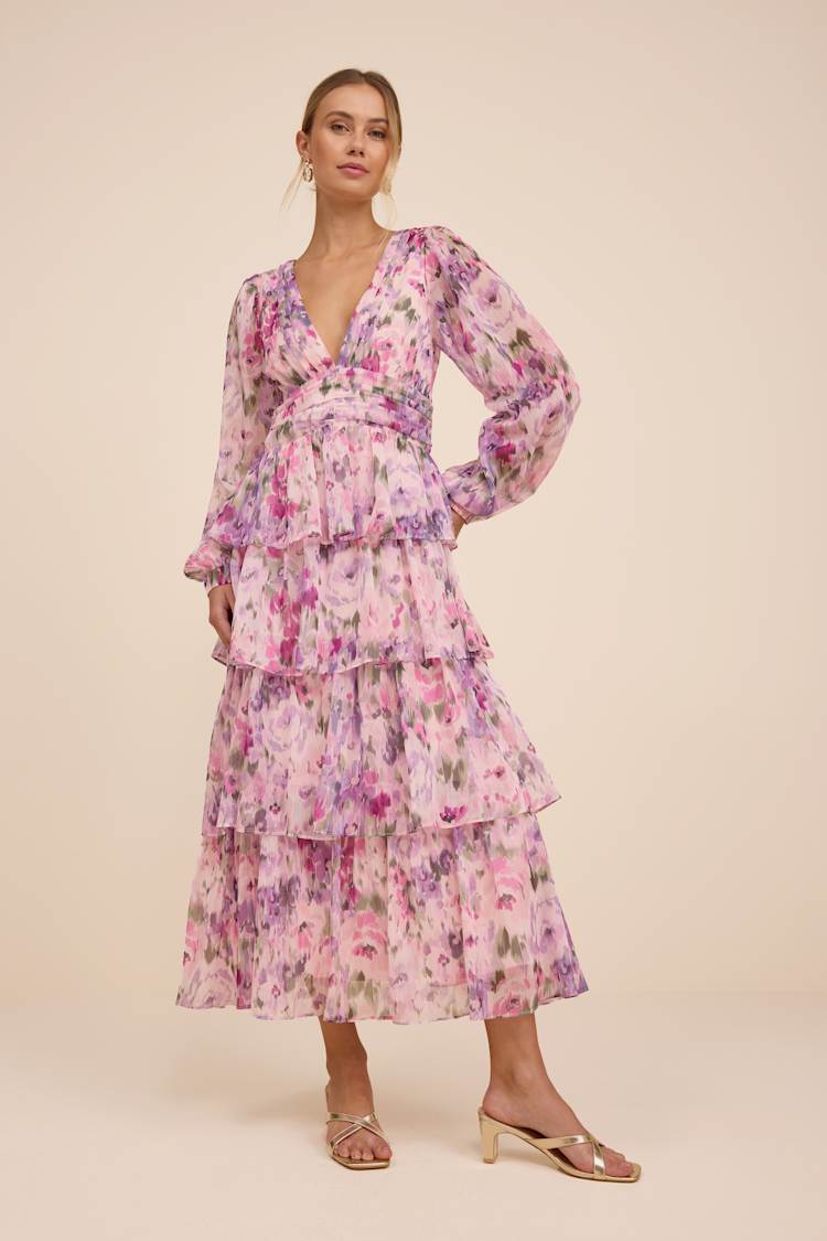 Pink Macy Blush Multi Floral Tiered Midi Dress | Womens | Small (Available in XS) | 100% Polyester | Lulus Pink Macy Blush Multi Floral Tiered Midi Dress | Womens | Small (Available in XS) | 100% Polyester | Lulus