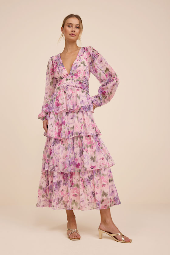 Macy Blush Multi Floral Tiered Midi Dress 1