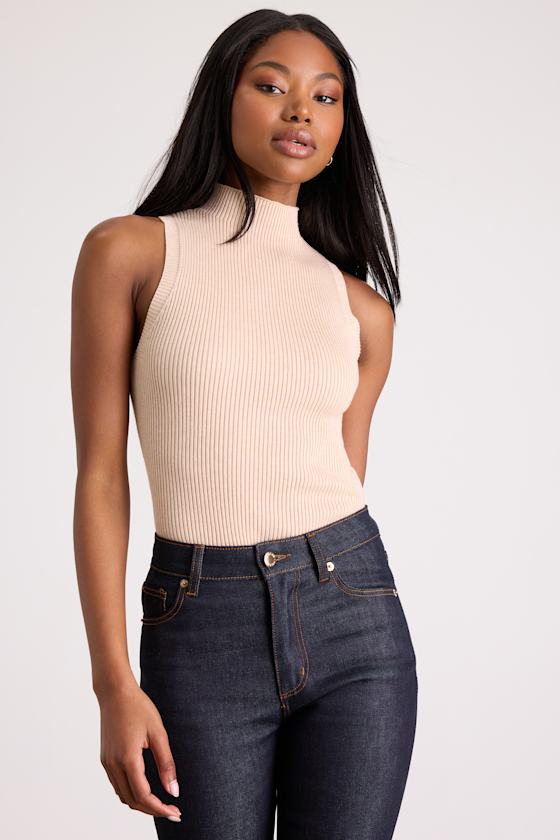 Beige Ribbed Knit Top - Mock Neck Sweater Top - Sweater Tank Top
