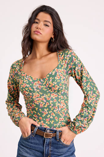 Blossom Beauty Green Floral Print Long Sleeve Bodysuit 1