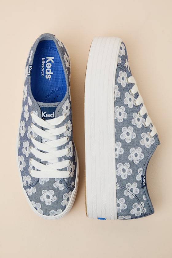 Triple Up Light Blue Floral Embroidered Platform Sneakers 2