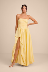 Marilou Light Yellow Strapless Ruched Lace-Up Maxi Dress 2