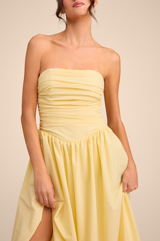 Marilou Light Yellow Strapless Ruched Lace-Up Maxi Dress 3