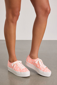 Triple Up Neon Coral Floral Embroidered Platform Sneakers 1