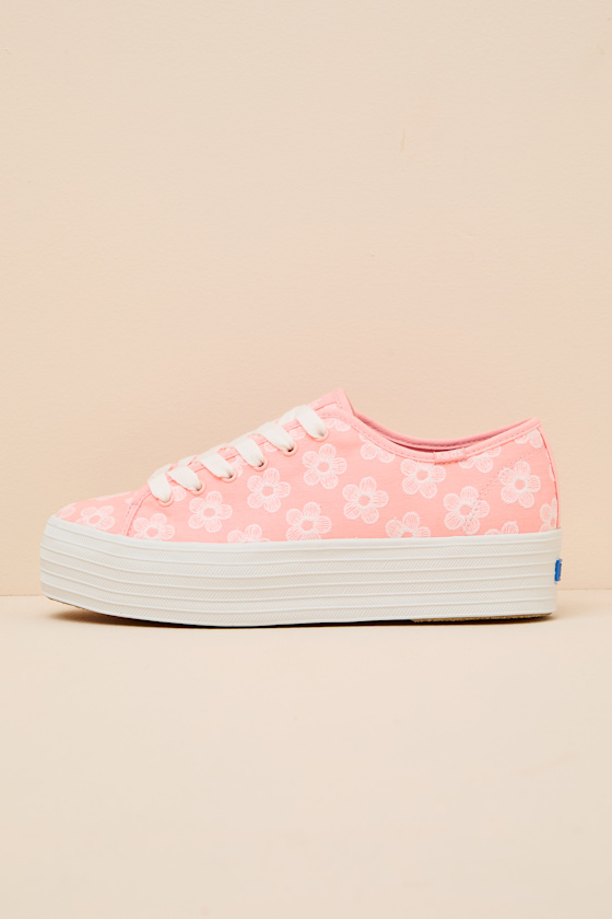 Triple Up Neon Coral Floral Embroidered Platform Sneakers - thumbnail 3