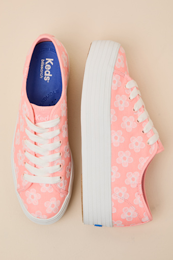 Triple Up Neon Coral Floral Embroidered Platform Sneakers 2