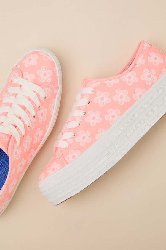 Triple Up Neon Coral Floral Embroidered Platform Sneakers - thumbnail 5