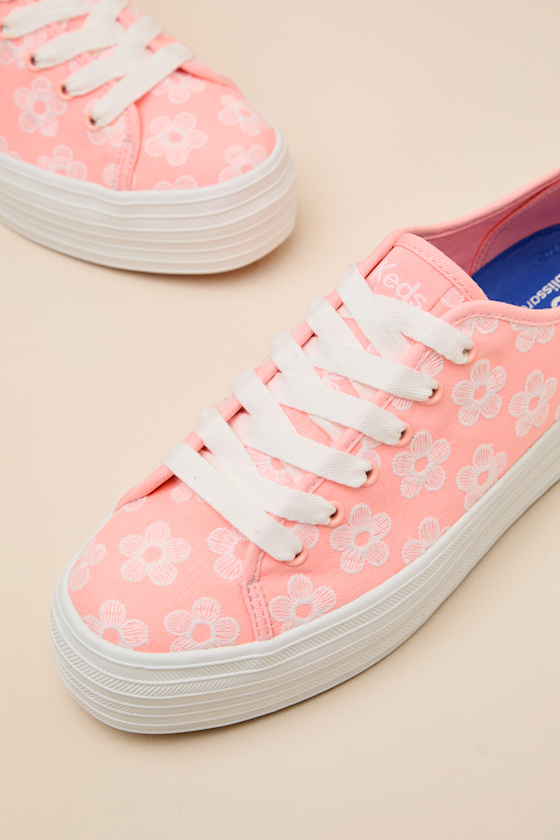 Triple Up Neon Coral Floral Embroidered Platform Sneakers - thumbnail 6