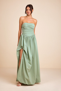 Marilou Sage Green Strapless Ruched Lace-Up Maxi Dress 1