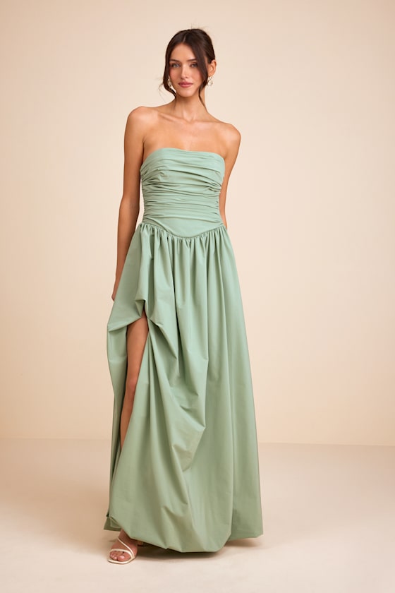 Marilou Sage Green Strapless Ruched Lace-Up Maxi Dress 1