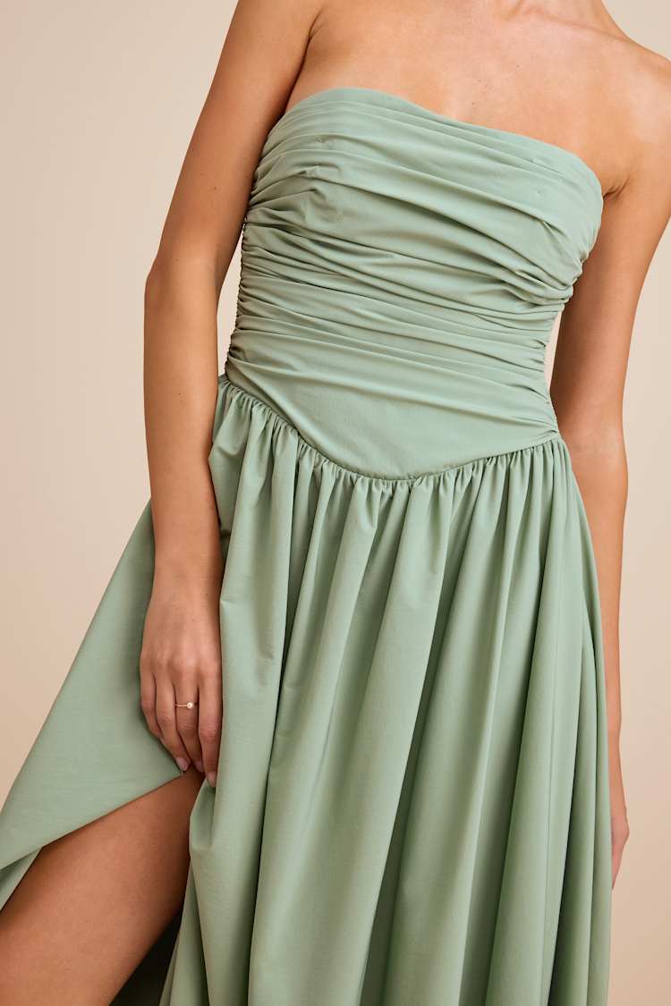 Marilou Sage Green Strapless Ruched Lace-Up Maxi Dress