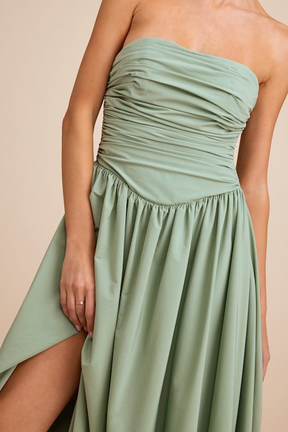 Marilou Sage Green Strapless Ruched Lace-Up Maxi Dress 2