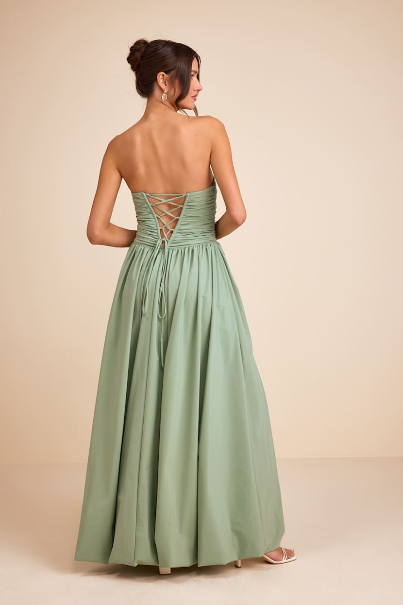 Marilou Sage Green Strapless Ruched Lace-Up Maxi Dress