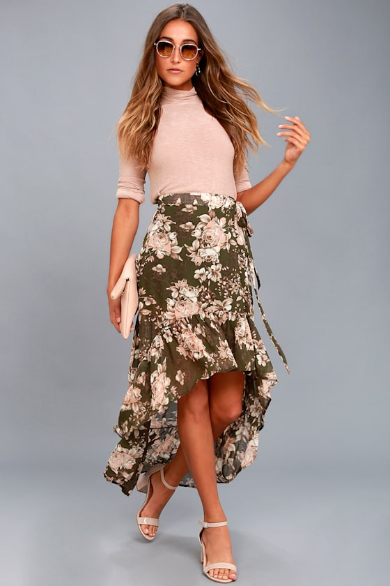 Tiffany Olive Green Floral Print High-Low Wrap Skirt 1