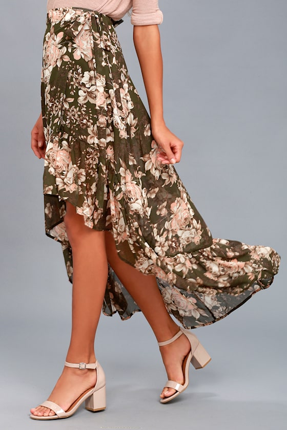 Tiffany Olive Green Floral Print High-Low Wrap Skirt 2