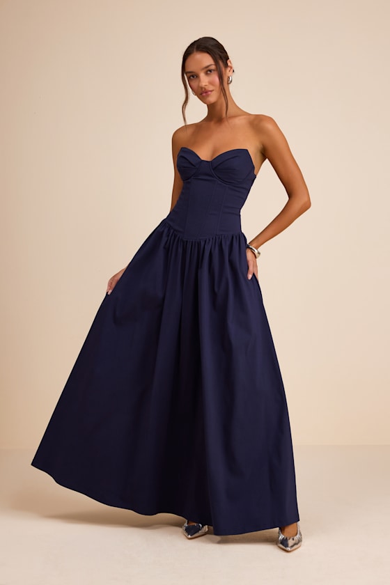 Almeria Navy Blue Strapless Lace-Up Maxi Dress 1