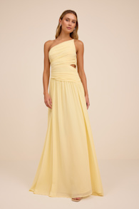 Marcela Pale Yellow Ruched One-Shoulder Maxi Dress 1