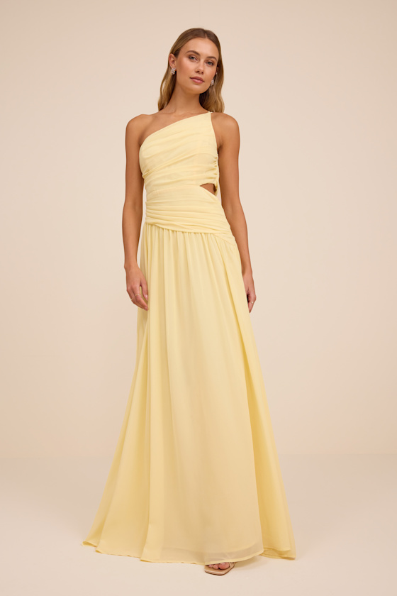 Marcela Pale Yellow Ruched One-Shoulder Maxi Dress 1