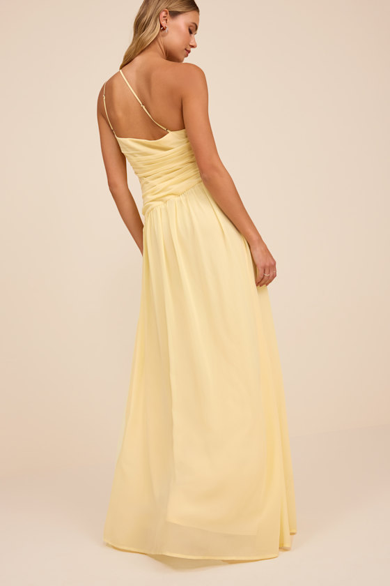 Light Yellow Ruched Dress - One-Shoulder Dress - Cutout Dress - Image 3