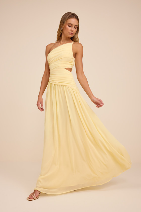 Light Yellow Ruched Dress - One-Shoulder Dress - Cutout Dress - Image 4