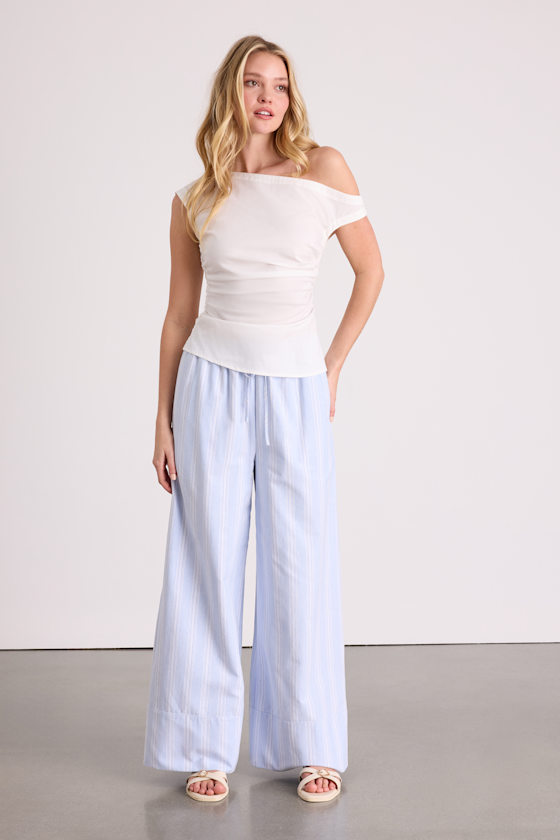 Debonair Ivory Poplin Ruched Asymmetrical Top - thumbnail 3