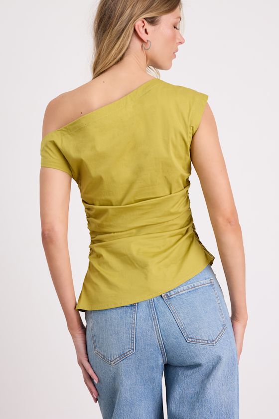 Debonair Chartreuse Poplin Ruched Asymmetrical Top 4