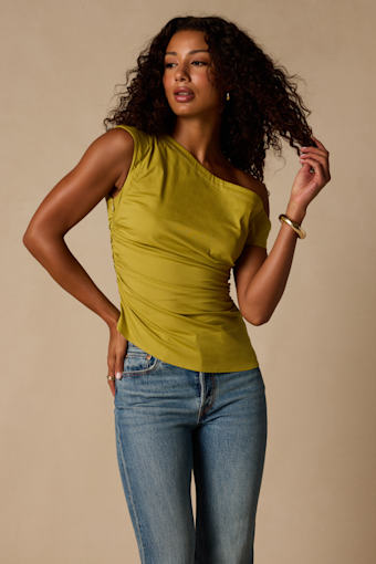 Debonair Chartreuse Poplin Ruched Asymmetrical Top 2