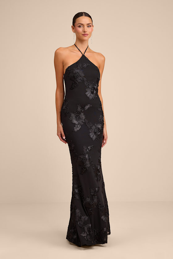 Image of Celyna Black Mesh Floral Applique Halter Mermaid Maxi Dress