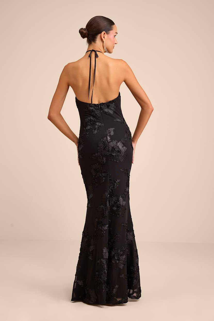Black Halter Dress - Mesh Floral Applique Dress - Mermaid Maxi - Lulus