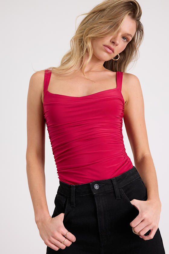 Red Slinky Knit Top - Ruched Red Top - Basics - Ruched Tank Top - Image 5