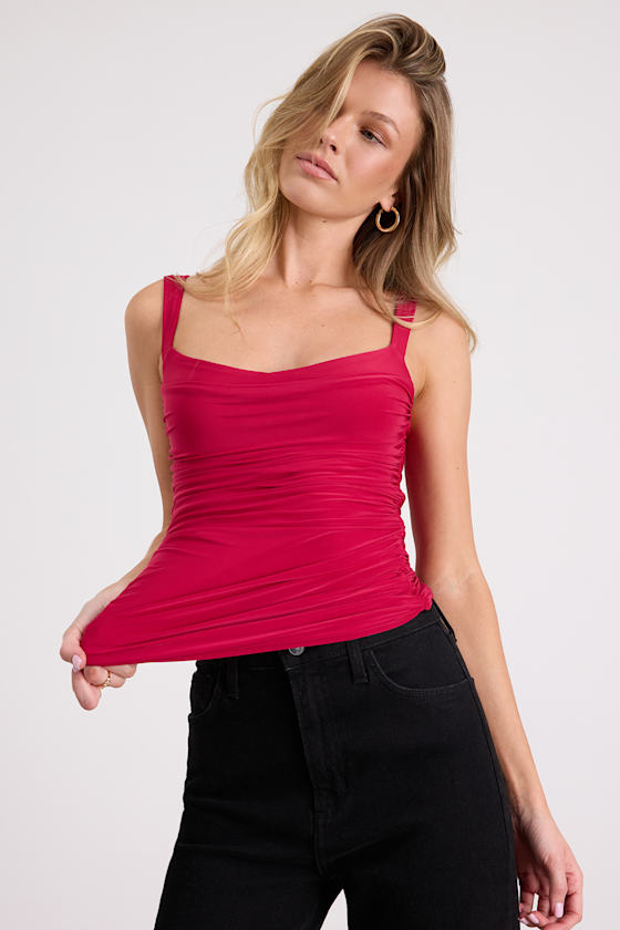 Red Slinky Knit Top - Ruched Red Top - Basics - Ruched Tank Top - Image 3