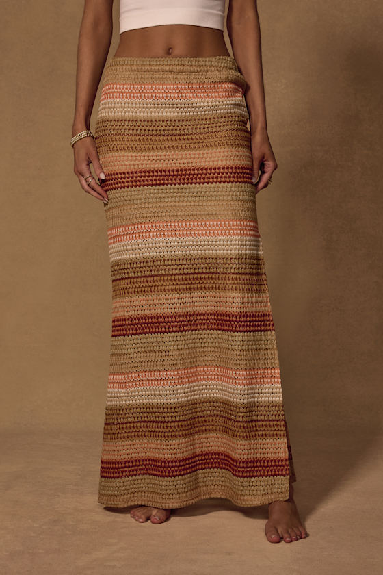 Lailey Tan Multi Striped Crochet Maxi Skirt 3
