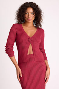 Colbina Berry Red Ribbed Rosette Sweater Top 1