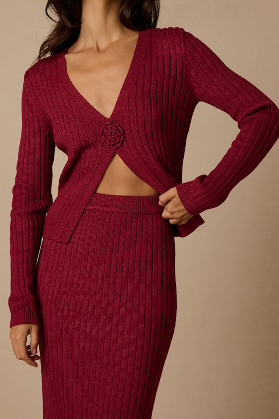 Colbina Berry Red Ribbed Rosette Sweater Top 2