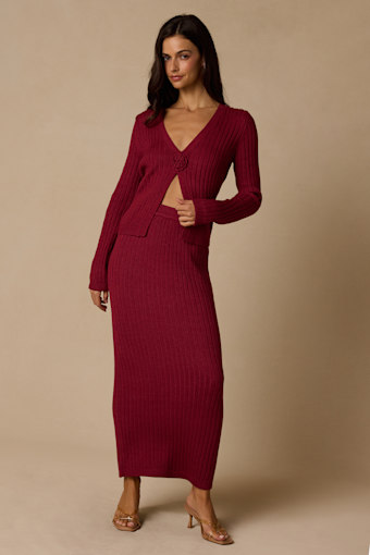 Colbina Berry Red Ribbed High-Rise Sweater Maxi Skirt 2