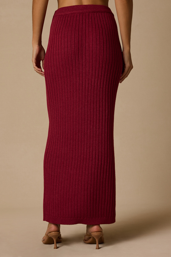 Colbina Berry Red Ribbed High-Rise Sweater Maxi Skirt 3