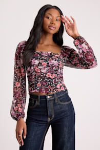 Mood Setter Black and Purple Floral Print Ruched Long Sleeve Top 1