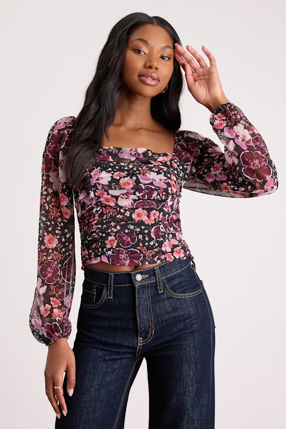 Mood Setter Black and Purple Floral Print Ruched Long Sleeve Top 1