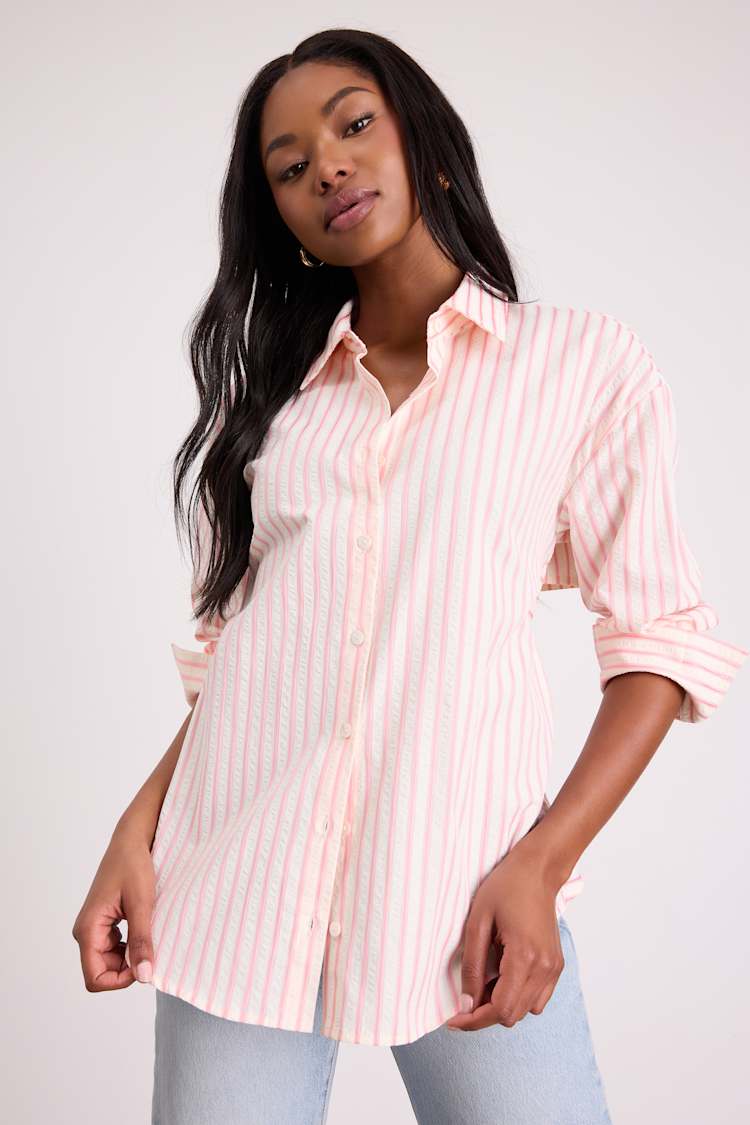 Logan Ivory and Pink Striped Cutout Button-Up Long Sleeve Top