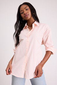 Logan Ivory and Pink Striped Cutout Button-Up Long Sleeve Top 1