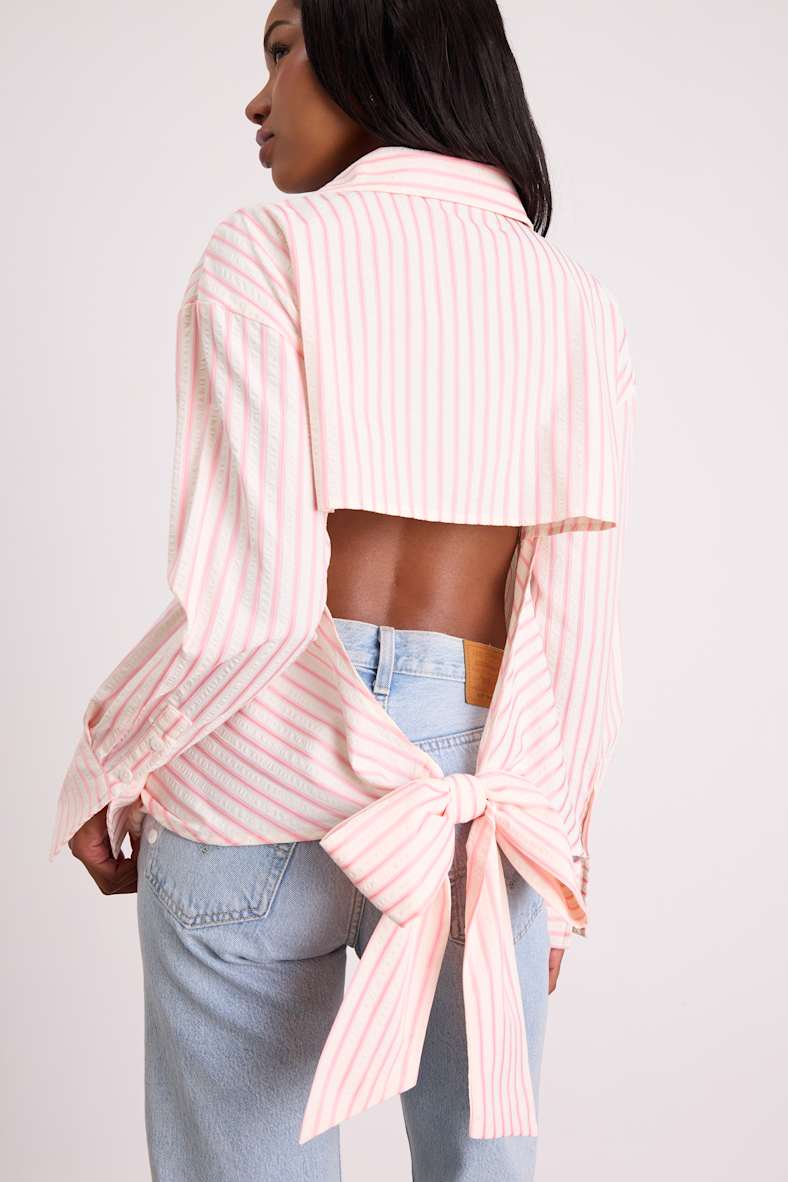 Logan Ivory and Pink Striped Cutout Button-Up Long Sleeve Top