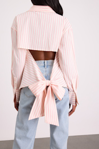 Logan Ivory and Pink Striped Cutout Button-Up Long Sleeve Top 4