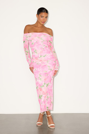 Amorette Pink Floral Mesh Off-the-Shoulder Maxi Dress 1