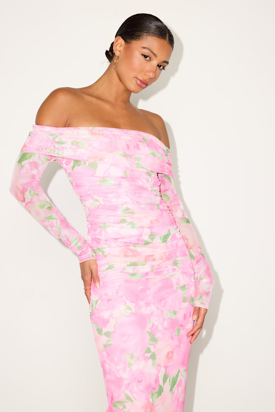 Amorette Pink Floral Mesh Off-the-Shoulder Maxi Dress 2