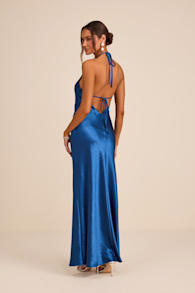 Magnificence Blue Satin Backless Halter Maxi Dress 1