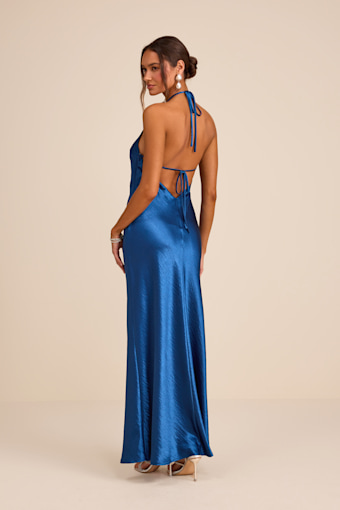 Magnificence Blue Satin Backless Halter Maxi Dress 1